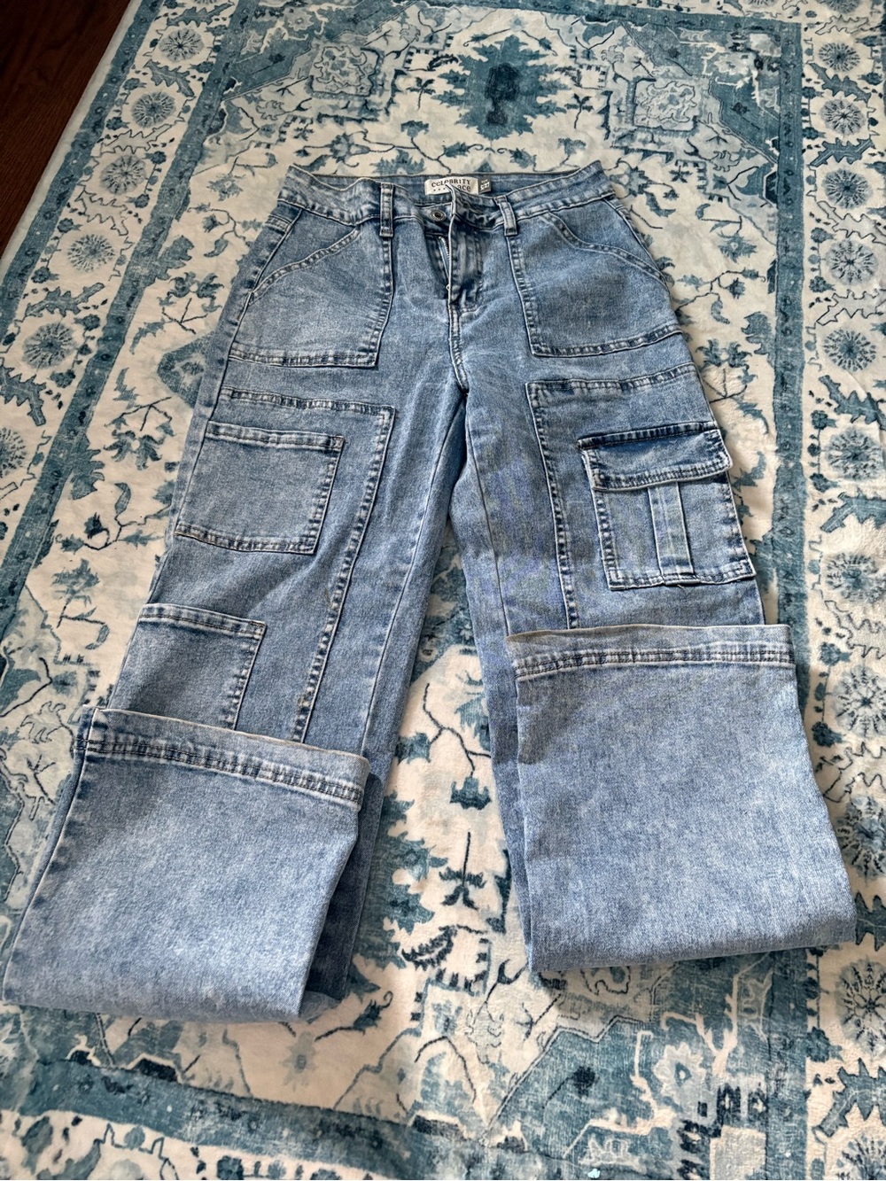 Light Blue Women's Boyfriend Cargo Jeans with Folded Hem